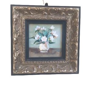 Brushed Silver Antique Framed Art Floral Painted Piece (7"x7")